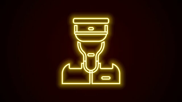 Glowing neon line Train conductor icon isolated on black background. 4K Video motion graphic animation