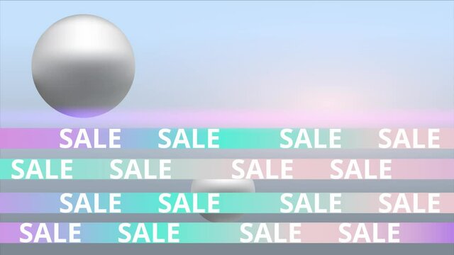 Sale abstract motion video for web banners and social media, pink, purple and menta with two metallic 3d spheres,