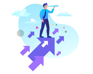 A businessman standing on an arrow with a camera looking at the target Success, success, business vision, career goals. Flat vector illustration