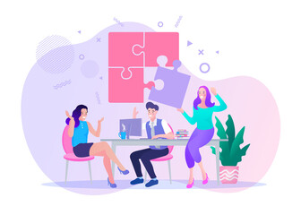 Group of business people assembling jigsaw puzzle and represent team support. Concept of teamwork, business cooperation, collective project work. Modern flat colorful vector illustration.