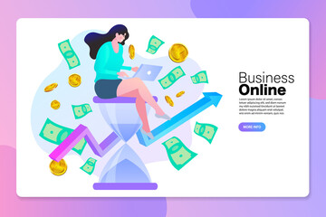 Online business and investment concept. An entrepreneur on a growth arrow works on a laptop as her profit grows over time. This illustrates achieving financial success through digital work.