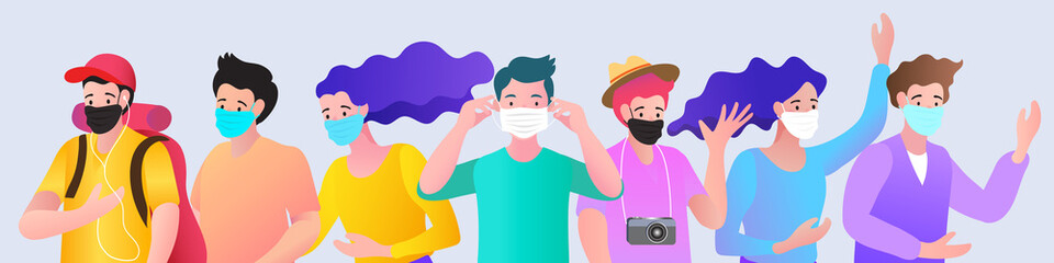 Group of diverse young tourists or students traveling together safely with face masks. A vector concept for safe travel, health tourism, or protection from air pollution during a journey.
