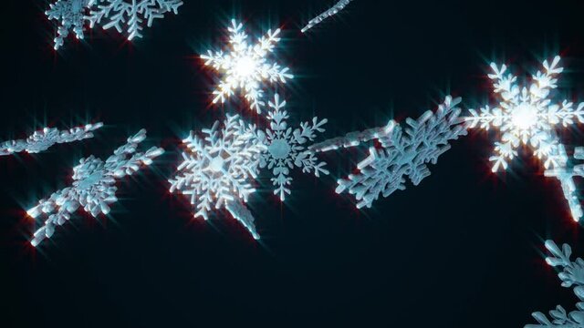 Large beautiful falling crystal snowflakes, computer generated. 3d rendering winter backdrop