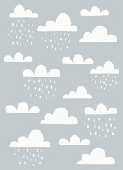 Scandinavian Style Kids Room Decoration. Cute Hand Drawn Rainclouds Nursery Wall Art for Baby Boy And Baby Girl. Vector Illustration Ideal for Cards, Invitations, Posters, Textile. 