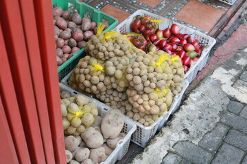 Fresh organic potato background in the market.