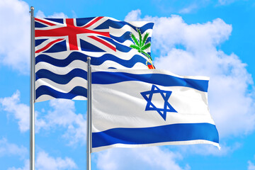 Israel and British Indian Ocean Territory national flag waving in blue sky. Diplomacy and international relations concept.