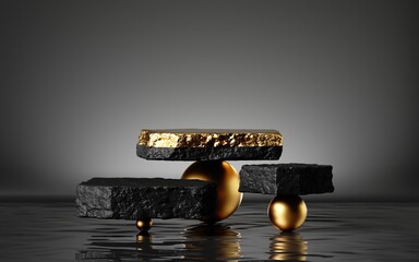 3d render, abstract modern minimal background with black and gold cobblestones, reflection in the...