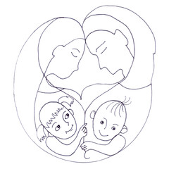 Family with two children, family love, graphic drawing on a white background