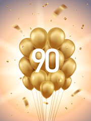 Obraz premium 90th Year anniversary celebration background. Golden balloons and confetti with sunbeams in background.