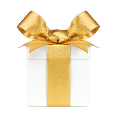 White gift box wrapped with shiny gold bow and ribbon isolated on a white background