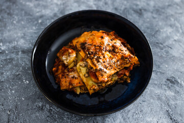 plant-based food, vegetable lasagna with dairy-free cheese