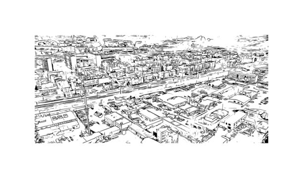 Building view with landmark of Chorzow is a city in Silesia in southern Poland, near Katowice. Hand drawn sketch illustration in vector.
