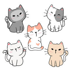 set of cute cartoon playful kitten cat in different poses action element