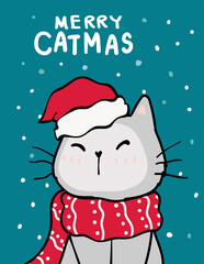 Merry catmas, Christmas greeting card, Cute naughty cat with santa red hat, snow falling in deep blue background, outline doodle hand draw flat vector.
