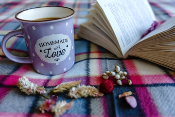 Cozy stillife with purple coffee mug and book