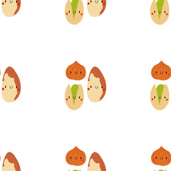 Kawaii Cartoon Brazilian nut, Pistachio, Hazelnut. 