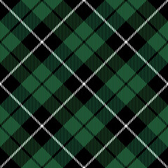Diagonal tartan Christmas and new year plaid. Scottish pattern in green and black cage. Scottish cage. Traditional Scottish checkered background. Seamless fabric texture. Vector illustration