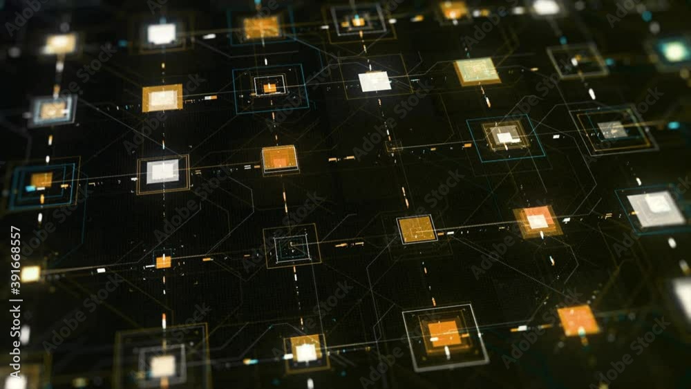 Poster high tech computer circuit board with many signals flowing fast on black background. animation. anim