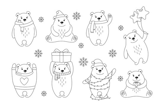 Christmas polar bear cartoon outline set. New Year animal mammals with santa hat, gift or garland. Hand drawn doodle vector bears in different poses. Funny animals celebrate. Black and white