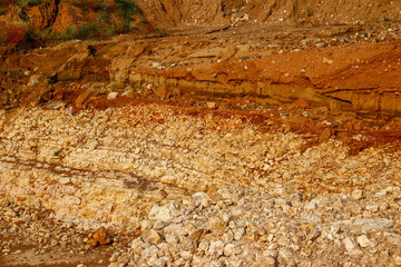 Fractured limestone layer beneath clay and soil
