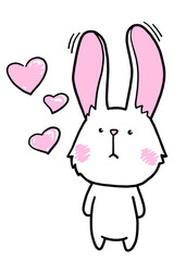 Vector illustration. Hand drawing cartoon character. Cute white rabbit with pink ears. A hare in love. Illustration for Easter, Valentine's Day, baby products.