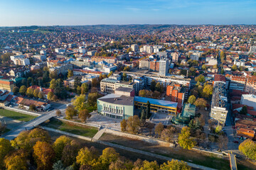 Aerial drone view of Valjevo - panorama of city center, Serbia