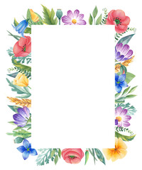 Watercolor frame with hand-drawn flowers: poppy, harebell, Californian poppy, wheat, green leaves, cosmos flower isolated on white background. Summer flowers.