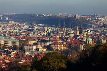 Autumn Prague City with colorful Trees from the Hill Petrin, Czech Republic