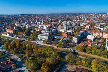 Fototapeta na wymiar Valjevo - panorama of city in Serbia. Aerial drone view