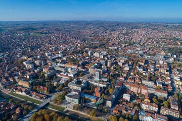 Panorama of city of Valjevo, Serbia. Aerial drone view