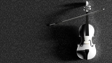 White classic violin on dark black plate under spot lighting background. 3D sketch design and illustration. 3D high quality rendering. © DRN Studio