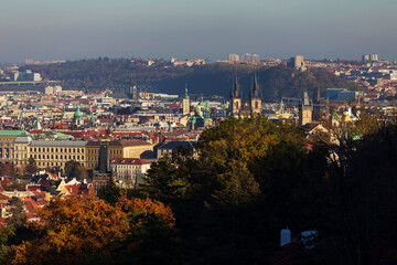 Autumn Prague City with colorful Trees from the Hill Petrin, Czech Republic