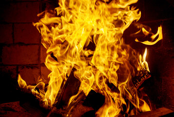 Flames burning fire, firewood in the fireplace