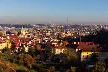 Autumn Prague City with colorful Trees from the Hill Petrin, Czech Republic