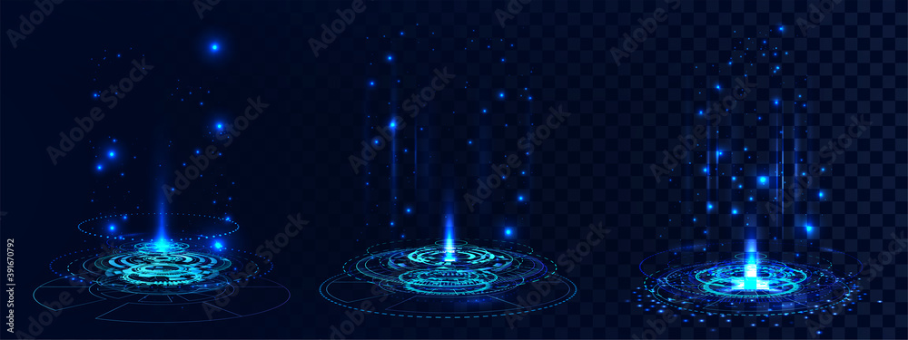 Poster Futuristic hologram podium for show and presentation. HUD portal for UI, GUI and sky-fi digital projects. VR magic circle teleport podium. FUI elements. Technology vector hologram collection