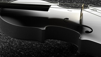 White classic violin on dark black plate under spot lighting background. 3D sketch design and illustration. 3D high quality rendering.