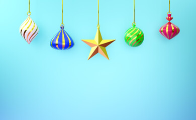 christmas ornaments in blue composition for display and minimalist mockup ,Concept Christmas and a festive New Year, 3d illustration or 3d render