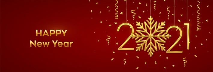Fototapeta na wymiar Happy New 2021 Year. Hanging Golden metallic numbers 2021 with shining snowflake and confetti on red background. New Year greeting card or banner template. Holiday decoration. Vector illustration.