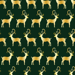 Deer seamless pattern, golden silhouettes on green background, vector illustration.