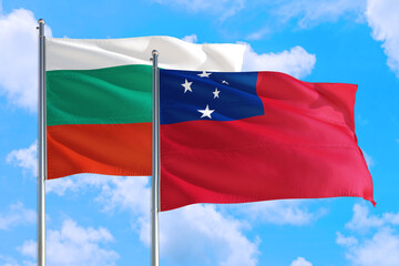 Samoa and Bulgaria national flag waving in the windy deep blue sky. Diplomacy and international relations concept.