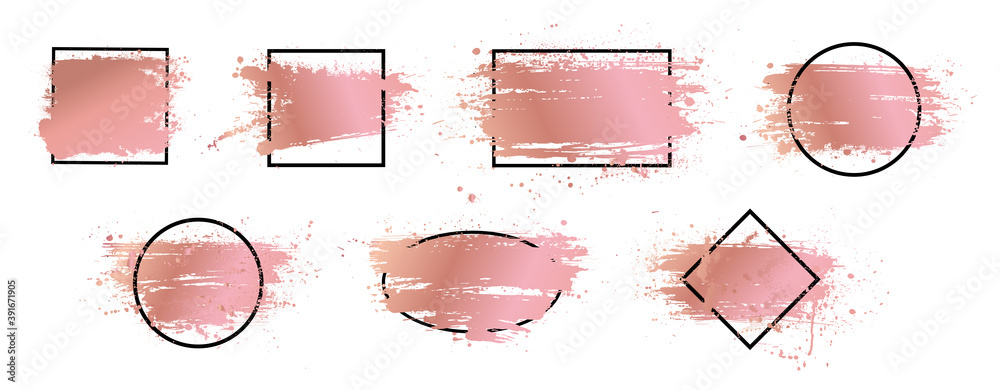 Poster rose gold brush strokes collection with black frame for text. grunge artistic design boxes. dirty sp