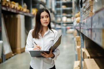 woman worker holding clipboard and checking inventory in the warehouse store