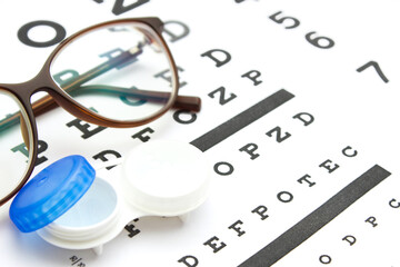 Contact lenses case and eye glasses on and eye test chart. Vision concept. Way to improve vision