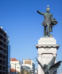 Statue in the center of Lisboa with a pidgeot in the head