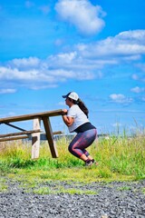 young, workout, exercise, fitness, cross fit, outdoors, woman, happy, nature, fun, lifting, youth, park, summer, happiness, green, child, people, tree, sport, freedom, person, joy