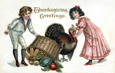 Two young people, basket of vegetables and a turkey. Vintage Thanksgiving Theme Postcard, restored artwork, color, details enhanced. Festive Autumn illustrations from the past.