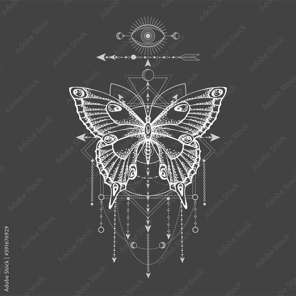 Wall mural vector illustration with hand drawn butterfly and sacred geometric symbol on black background. abstr