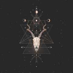 Vector illustration with hand drawn Antelope skull and Sacred geometric symbol on black vintage background. Abstract mystic sign. Gold linear shape. 