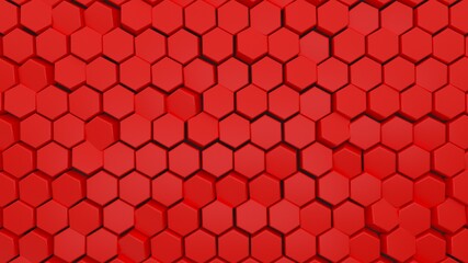 Abstract hexagonal background. A large number of red hexagons. 3d wall texture, hexagonal blocks clusters. Cellular panel. 3d rendering geometric polygons