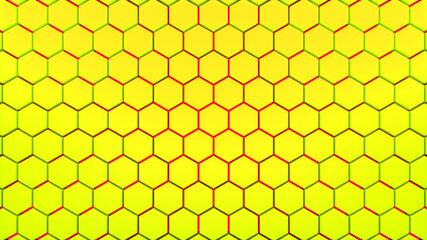 Abstract hexagonal background. A large number of yellow and red hexagons. 3d wall texture, hexagonal blocks clusters. Cellular panel. 3d rendering geometric polygons
